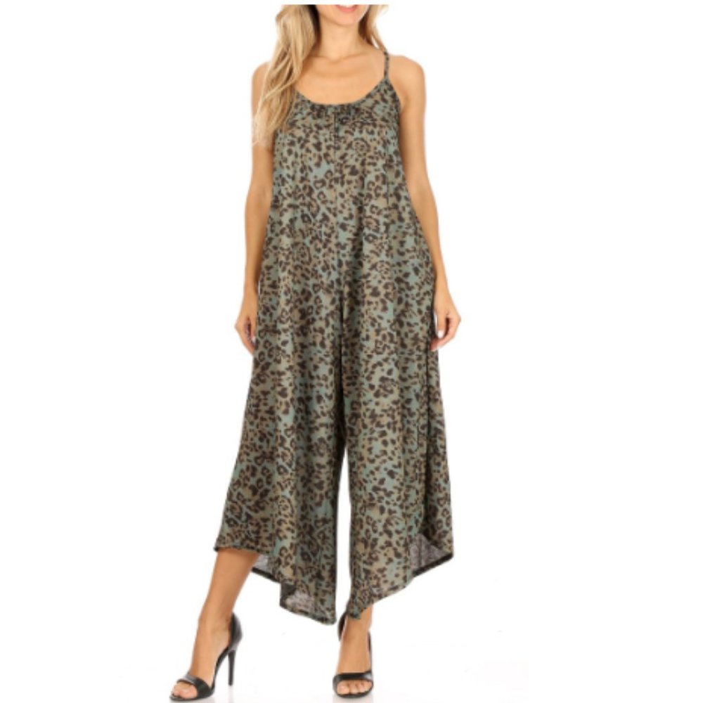NEW Boho leopard wide leg jumpsuit romper with pockets